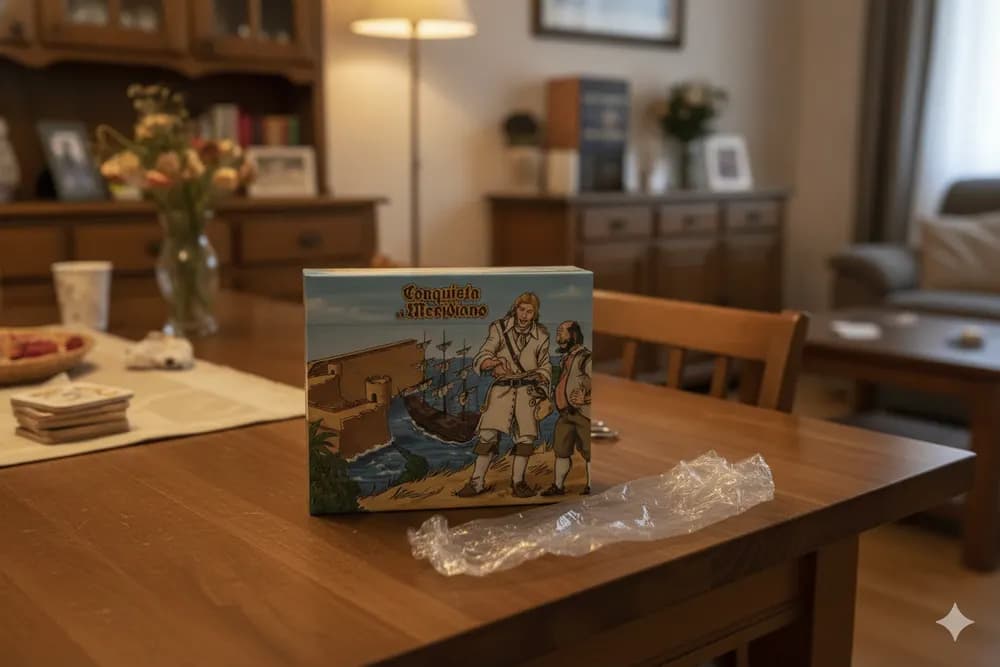 Ilustración del juego de mesa Meridiano: tablero con la cartografía de la expedición geodésica de Jorge Juan, instrumentos de navegación y cartas de juego.